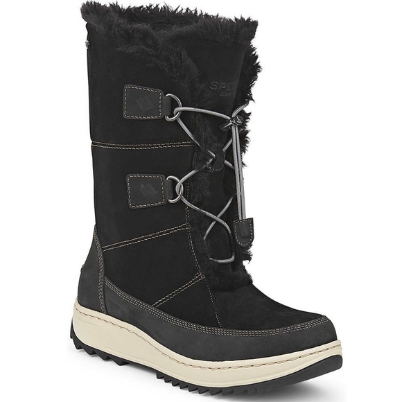 SPERRY Black Suede Faux Fur Powder Valley Vibram Sole Mid Calf Waterproof Boots - Picture 2 of 14